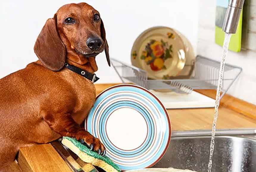 a brown Dachshund wash ceramic dishes