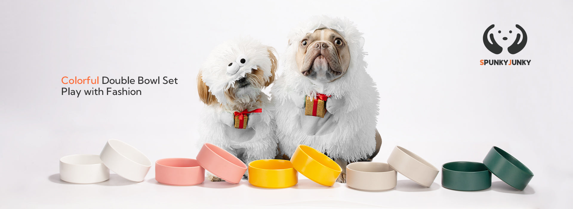 pet bowl sets in 5 colors in front of two impish puppies