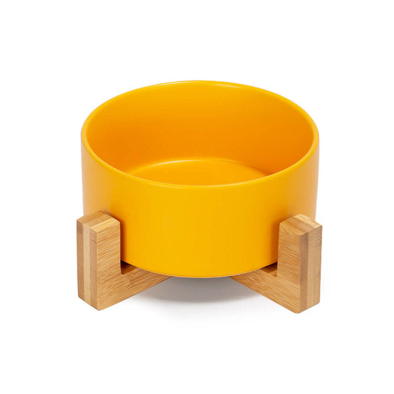 a cute yellow ceramic pet bowl with stand in front view