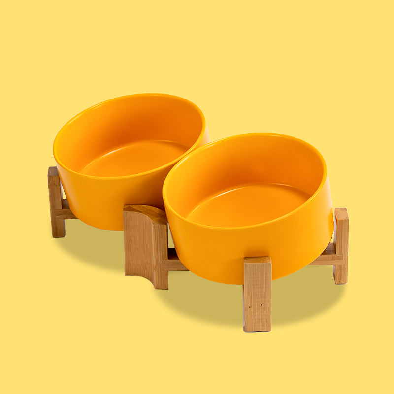 a yellow tilted pet bowl set in the yellow background