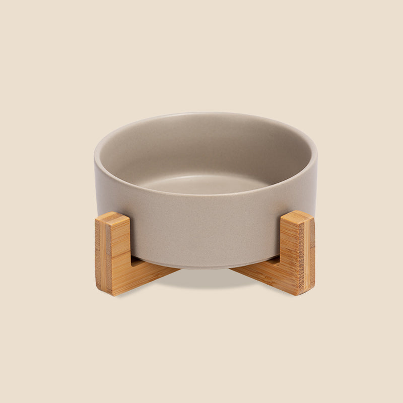 a cute grey ceramic pet bowl with stand in the grey background