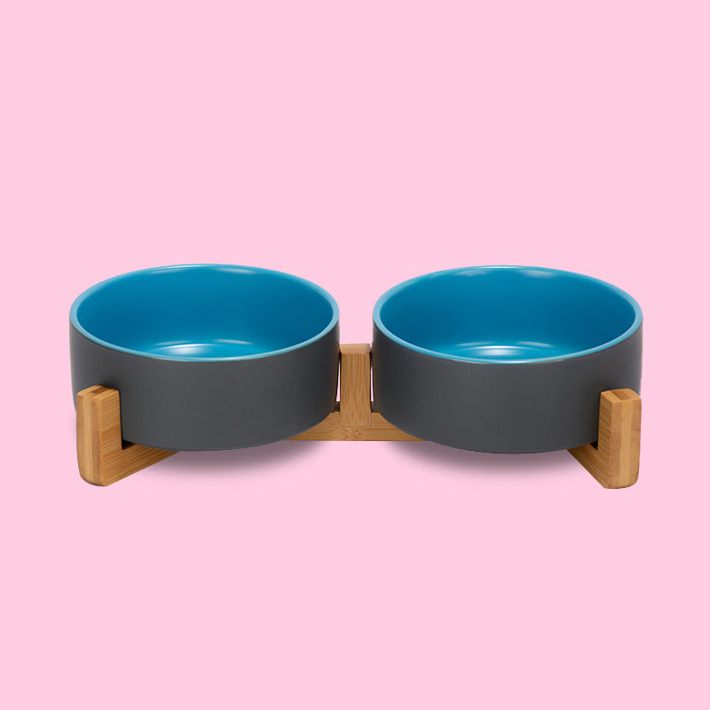 the front view of the grey-blue clashing dog bowl set on the stand in the pink background