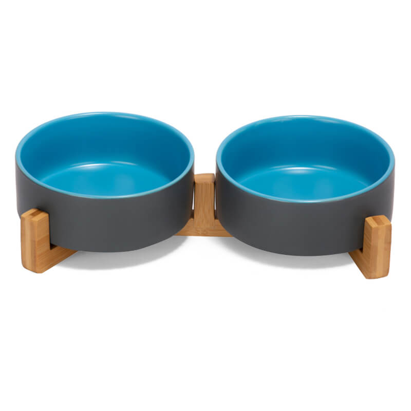 the front view of the grey-blue clashing dog bowl set