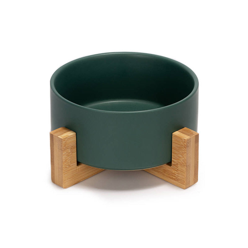front view of a cute green ceramic pet bowl with stand
