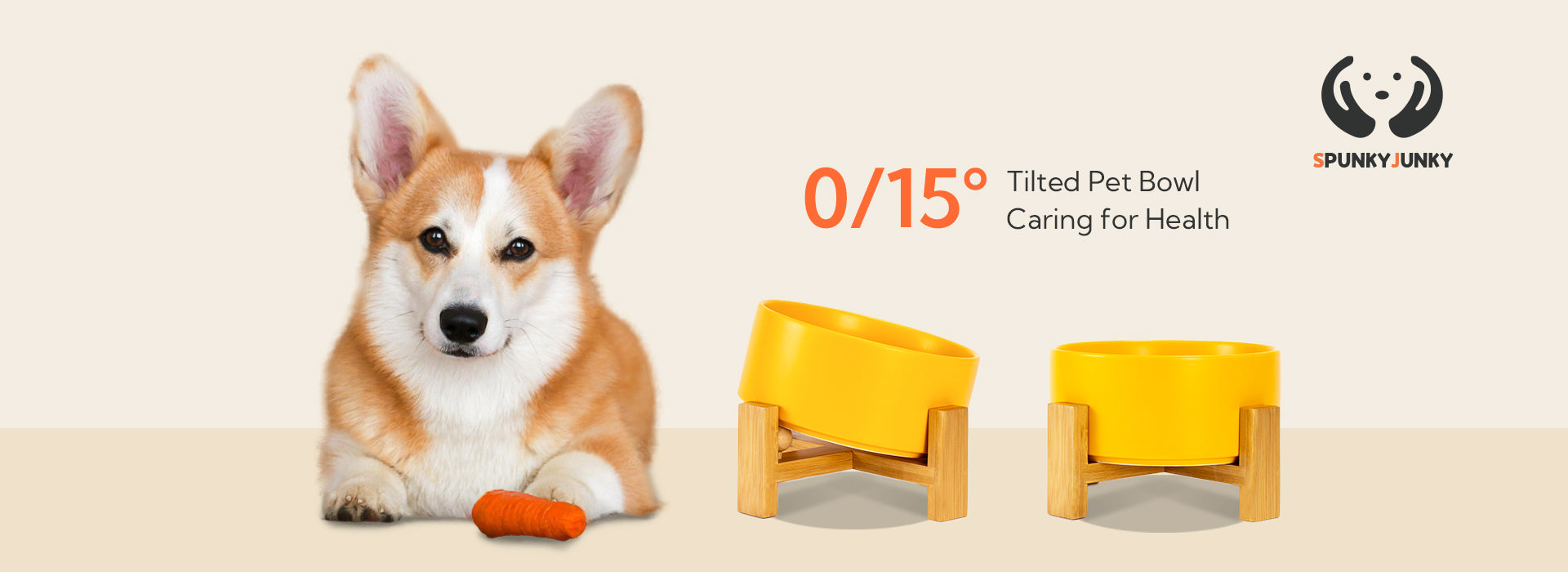 SpunkyJunky's tilted dog bowls in two elevated forms next to a Corgi