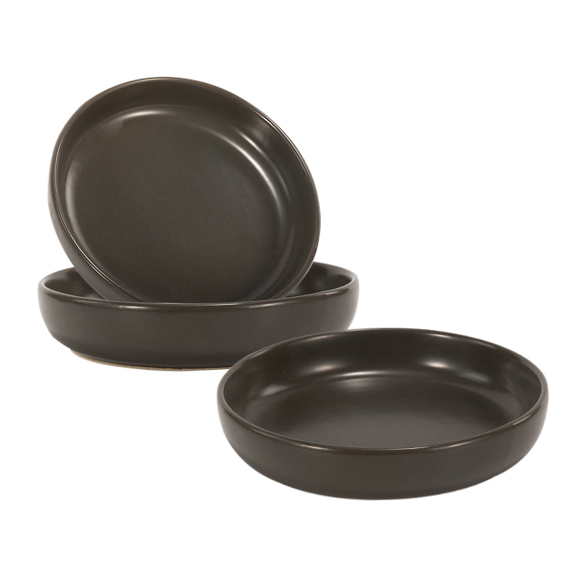 three gray round cat dishes