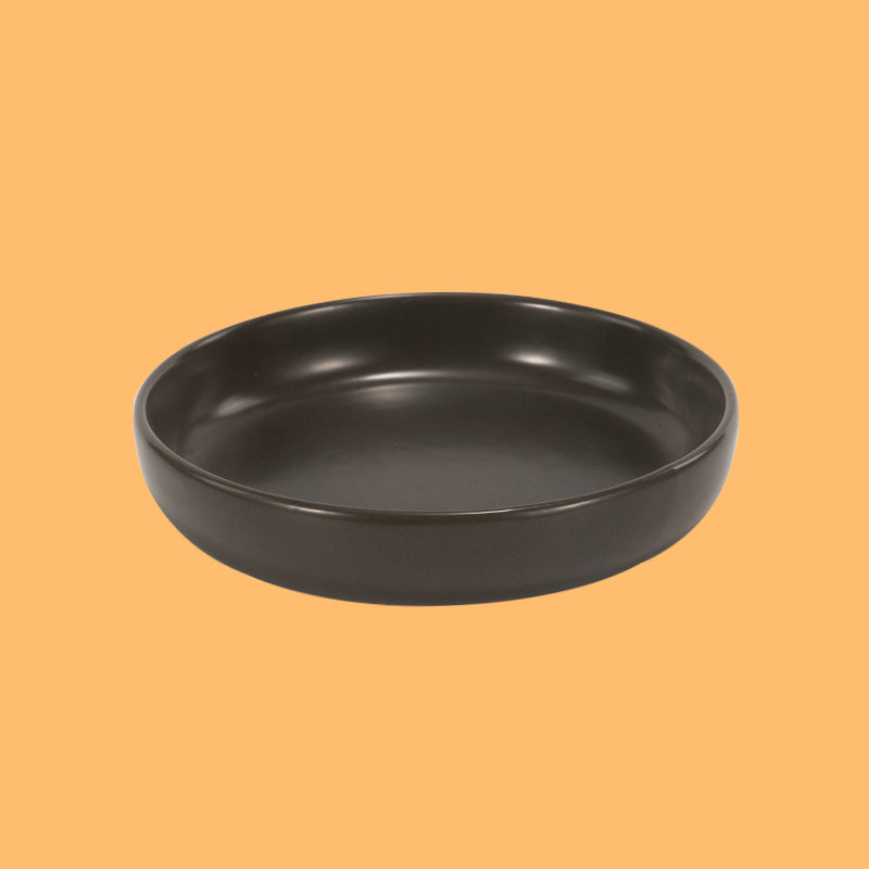 a gray round cat dish in orange background