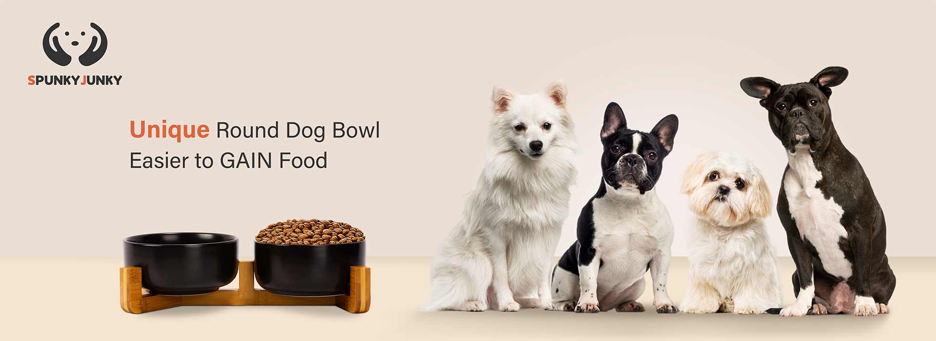 a set of black round dog bowls on the left of 4 different medium & small sized dogs