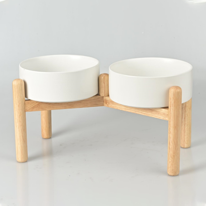 Elevated Dog Ceramics Food & Water Bowl Set with Wooden Stand