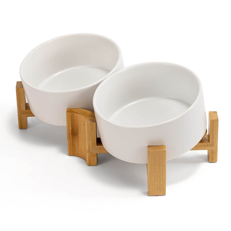 side view of white 15° tilted ceramic pet bowl set