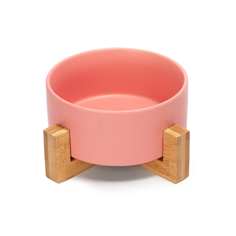front view of the cute pink ceramic pet bowl with stand