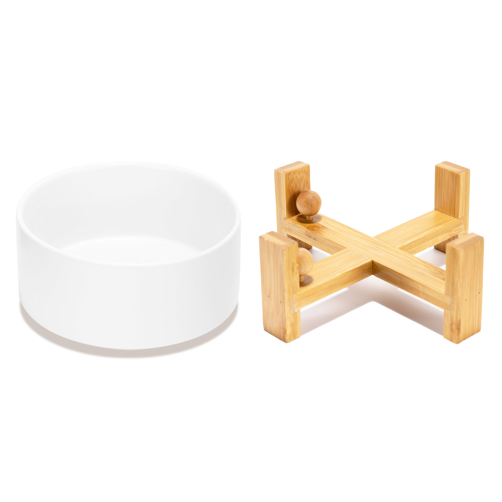 a white 15° tilted dog bowl set is separated in the bowl and the stand