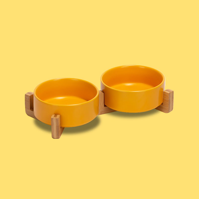 two cute yellow dog bowls as a set on the bamboo stand in the yellow background