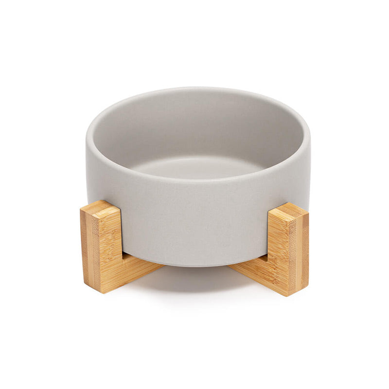 a cute grey ceramic pet bowl with stand