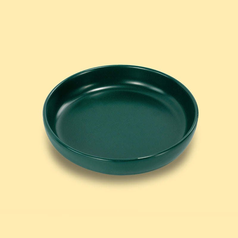 a green round cat dish in yellow background