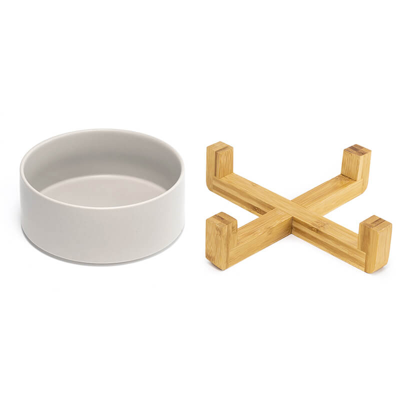 separate placement of the cute gray dog bowl and its bamboo stand