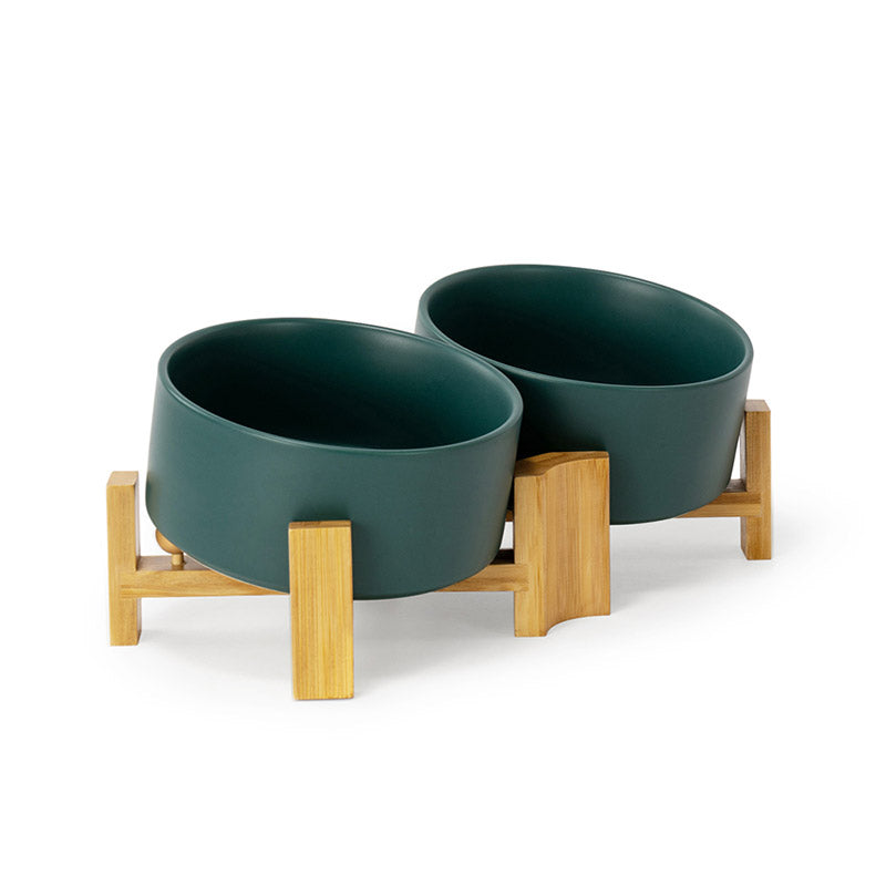 a set of green tilted ceramic dog bowls on the bamboo stand