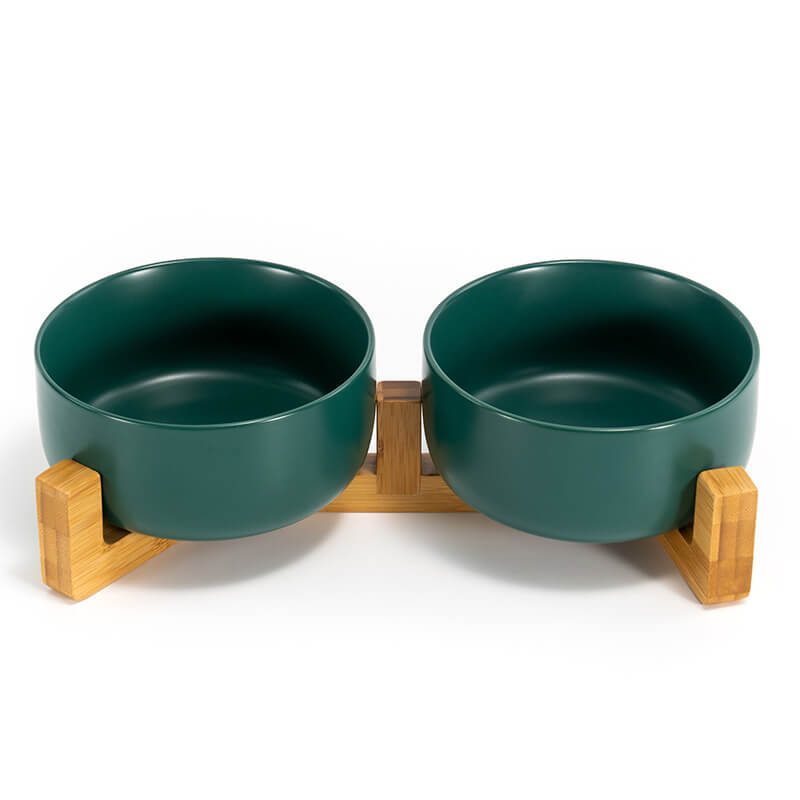 the front view of the green round ceramic dog bowl set