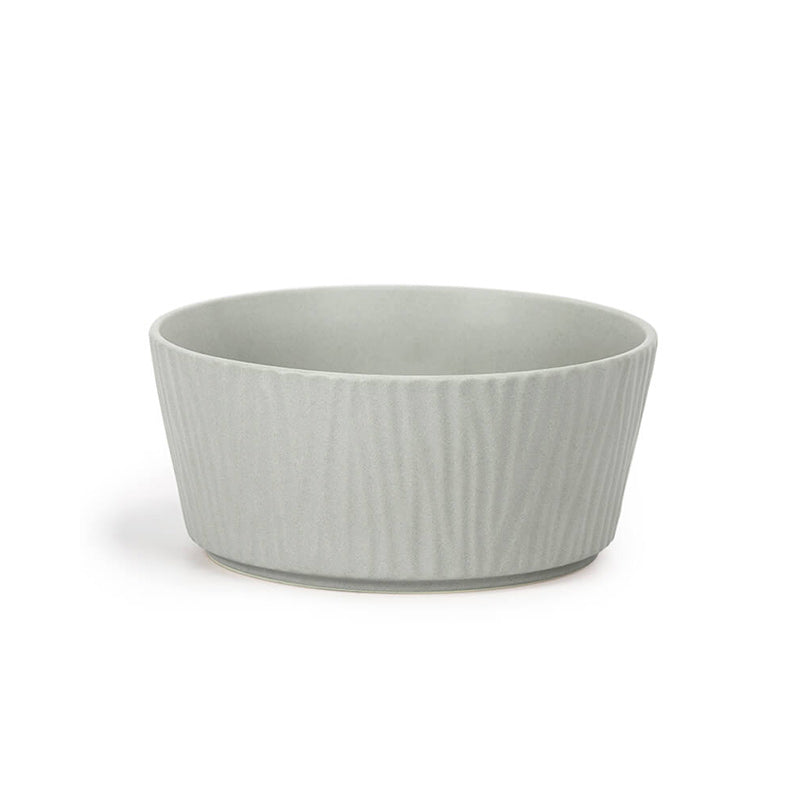 the front view of the large grey ceramic dog bowl with bark pattern