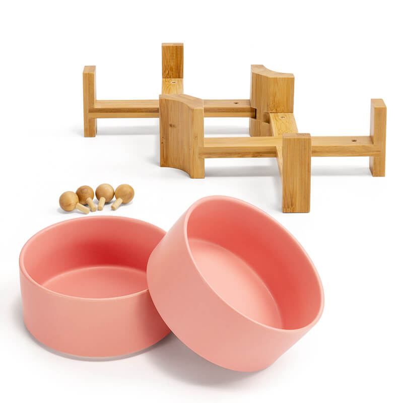 all accessories of one pink 15° tilted ceramic pet bowl set