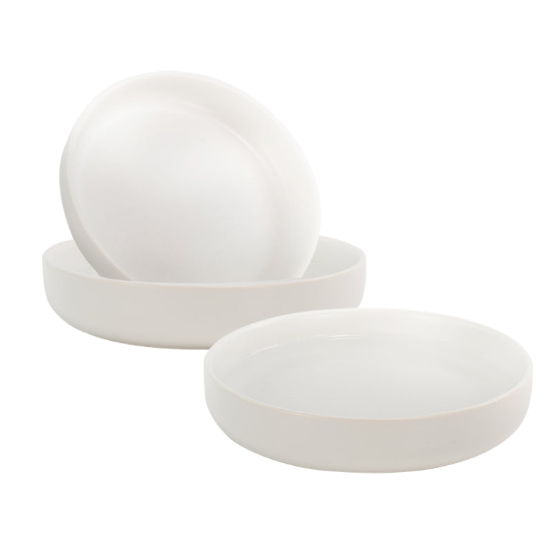 three white round cat dishes